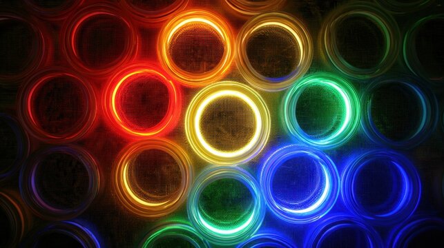 an array of circular elements, some of which are brightly glowing in red, orange, yellow, green, and blue, creating a vibrant, centralized pattern with many other circles visible Generative AI