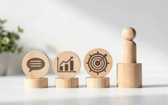 Wooden icons symbolize communication growth and goals beside a figure