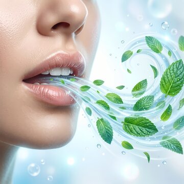 Revitalizing Minty Freshness A Dynamic Close-Up of Invigorating Breath with Swirling Aromatic Leaves and Cool Bubbles, Symbolizing Oral Hygiene and a Crisp, Clean Sensation