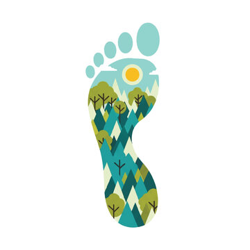 A human footprint silhouette filled with a dense, simplified forest landscape and a small sun. Symbolizes carbon offsetting and environmental impact reduction. Bright and airy feel. Palette of