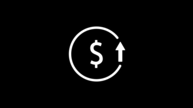Abstract decrease icon on black background. Dollar rate up to down looped icon. Reduce costs sign.Money increases icon, dollar arrow up icon .Glowing up arrow with dollar sign. Glowing neon line.4k