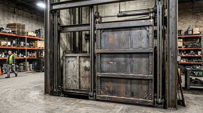 Medium shot of rugged verticalsliding freight elevator doors in an industrial warehouse highlighting their heavyduty construction and smooth operation.