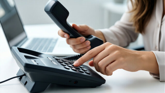 Business woman dialing number on office desk phone at work