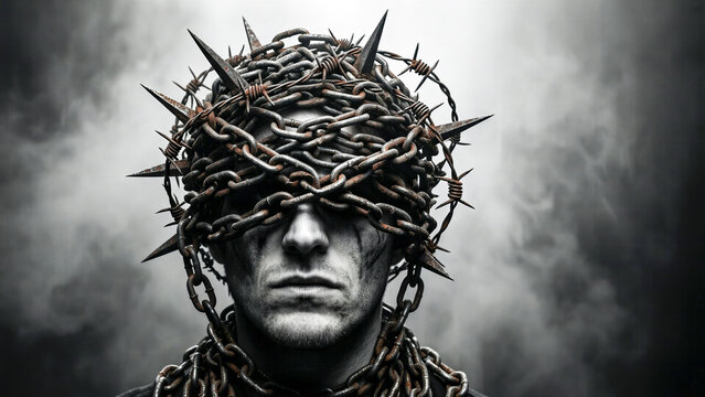 Man with metal chains and barbed wire wrapped around head and eyes