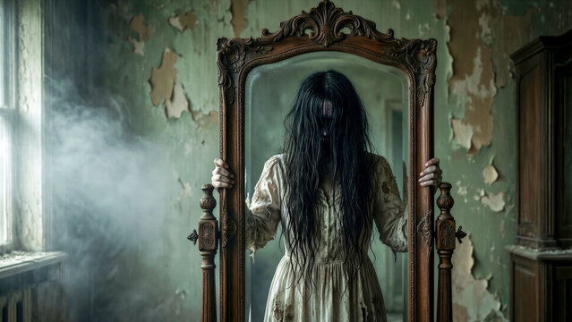 Spooky ghost woman with long dark hair standing behind an antique wooden mirror in a derelict abandoned room