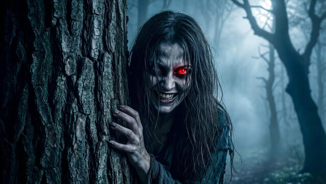 Scary ghost woman with red eyes peeking from behind a dark tree in foggy night forest