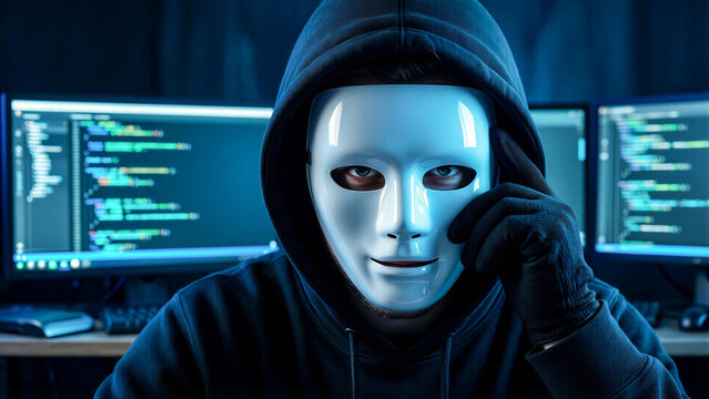 Anonymous hacker wearing white mask and black hoodie sitting in front of computer monitors with code