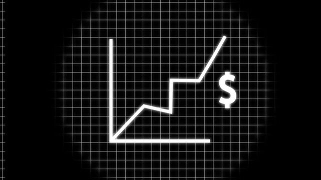 financial growth chart animation with rising profit line and dollar symbol on digital grid background. Futuristic green neon business graph representing stock market growth, financial success,