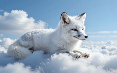 Fototapeta premium White fox rests serene in snowy landscape under bright blue sky.