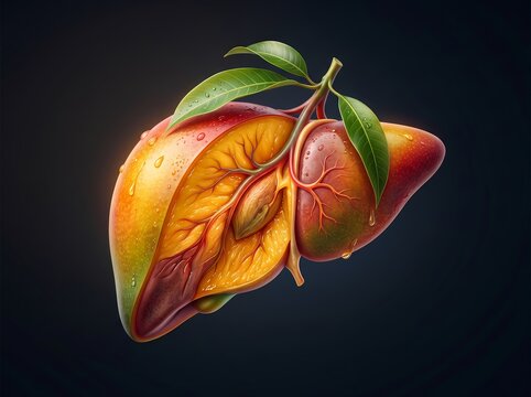 Artistic concept blending a vibrant, sliced mango with a detailed human liver, symbolizing the crucial link between natural fruit nutrition and essential organ health
