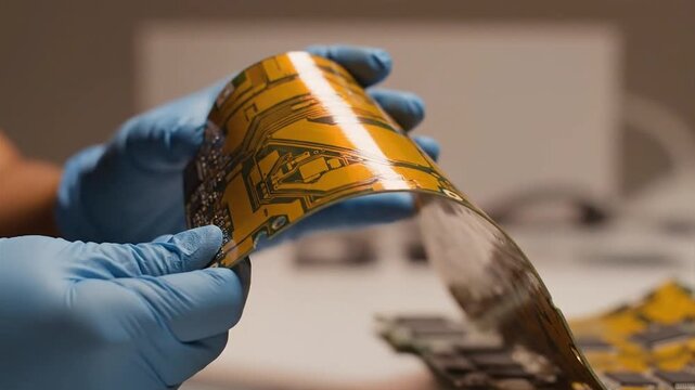 Hands in gloves handling flexible pcb with soldermask in a lab