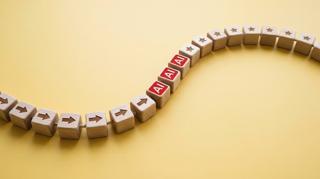 Winding path of wooden blocks with red stop icons interrupting the flow of up arrows, symbolizing an unexpected obstacle, challenge, or crucial decision in a process or journey