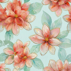 Obraz premium Gold‑Outlined Pink Floral Impasto Seamless Pattern