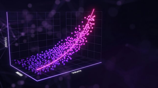 3d scatter plot graph with purple and pink data points on black background showcasing correlation trend line