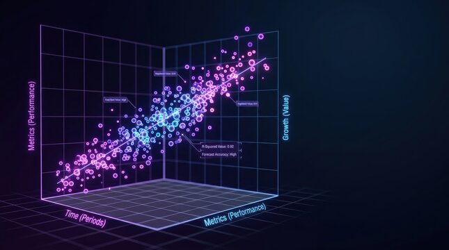 3d scatter plot visualization with pink and blue data points on a dark background showcasing metrics performance and correlation