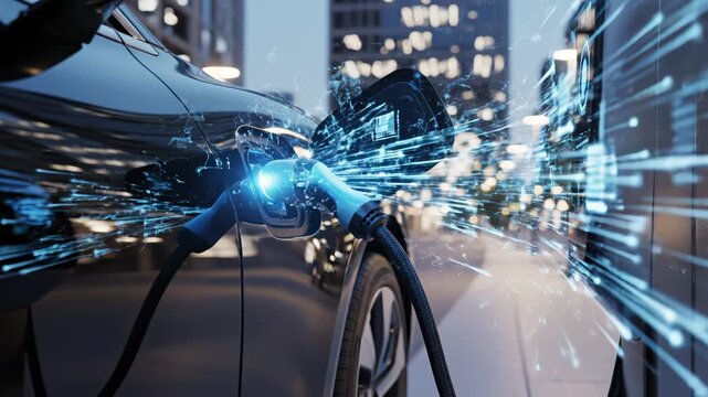 Electric car charging in urban setting symbolizing the digital age and smart tech evolution