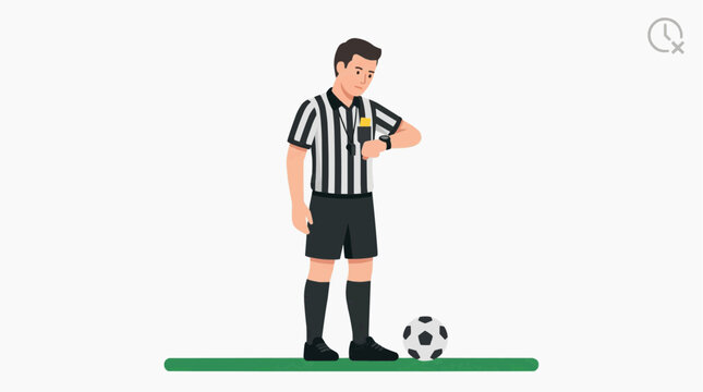 Referee checking time with whistle and soccer ball on green grass line, an illustration of sports game, rules, and fair play management.