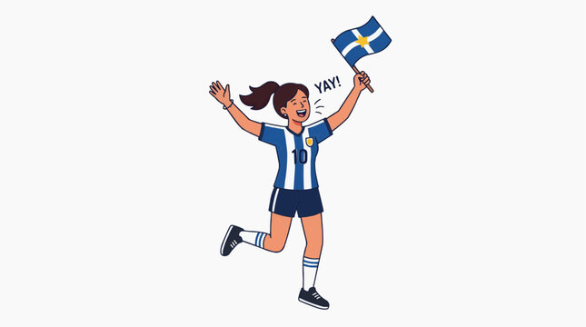 Soccer player woman girl celebrating triumph victory success holding Sweden Flag with happy expression, yay text, flat 2D illustration in minimalist