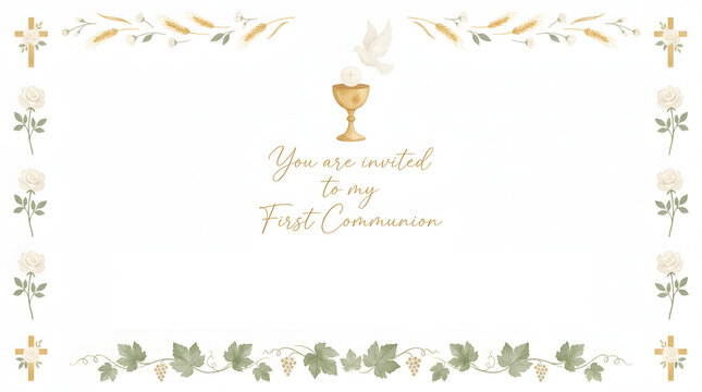 First communion invitation with golden chalice and botanical frame