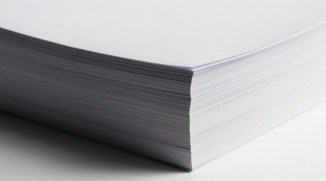 Pile of white paper sheets stacked high on a clean surface. Ideal for office work, printing projects or design templates. Blank pages for writing or drawing.