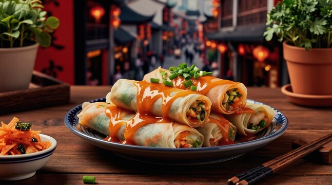 Fresh spring rolls with savory sauce, chopped scallions arranged on plate. Small dish of shredded carrots sits nearby on wooden table with chopsticks. Asian street scene with lanterns blurs in