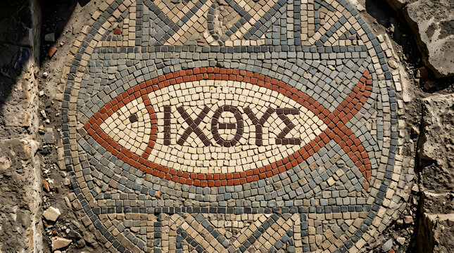 Ancient roman christian ichthys fish mosaic with greek letters