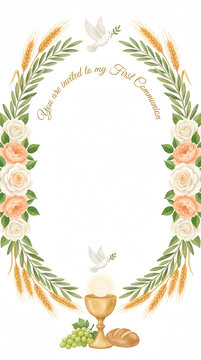 First communion invitation frame with watercolor flowers and chalice