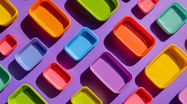 Empty disposable plastic lunch boxes scattered on colorful backdrop in flat lay composition, isolated on white background, trendy commercial stock style