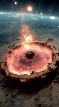 Eerie otherworldly portal glowing with fiery energy erupts from a desolate alien landscape hinting at interdimensional travel and cosmic mystery