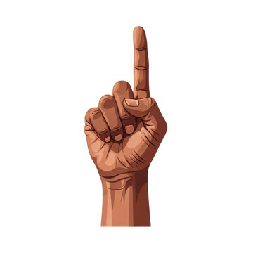 stylized vector illustration of a rich brown-skinned hand, index finger pointing upward from a closed fist, isolated on a brilliant white background. concept of attention and direction