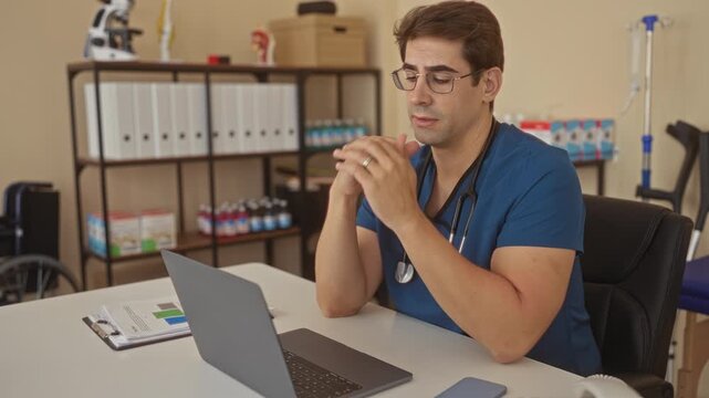 Man doctor with stethoscope folds hands over laptop at desk in medical office building; concern responsibility focus.