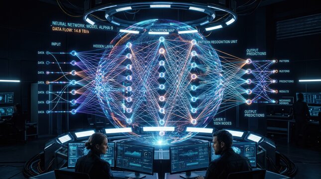 Two individuals in a dark, futuristic laboratory, surrounded by high-tech equipment and data screens, with a glowing, spherical data processing unit in the center.