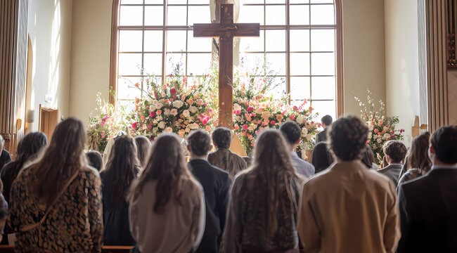 Studenti riuniti in preghiera in una cappella luminosa con croce e altare floreale, ideale per locandine parrocchiali, miniature YouTube e contenuti social spirituali