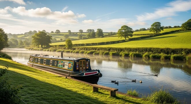 Tranquil Canal Boat Journey Through Lush Green Landscape.