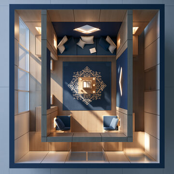 <Modern Interior Design: Top-View of Stylish Blue Room with Contemporary Furniture and Elegantly Decorated Living Space>