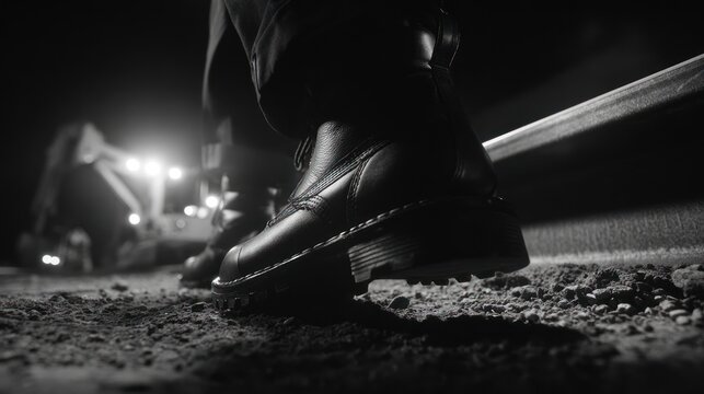 Close up of boots stepping on a surface at night monochrome