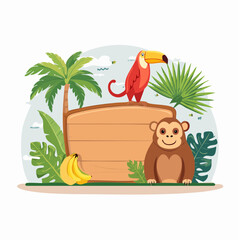 Naklejka premium Jungle Scene with Monkey, Toucan, and Tropical Plants