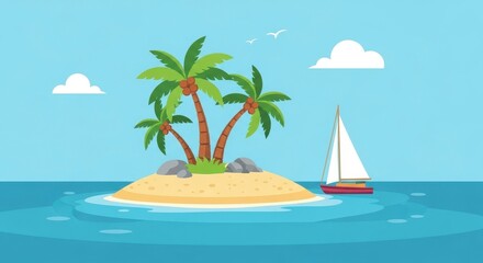 Obraz premium Tropical Island Paradise with Palm Trees and Sailboat.
