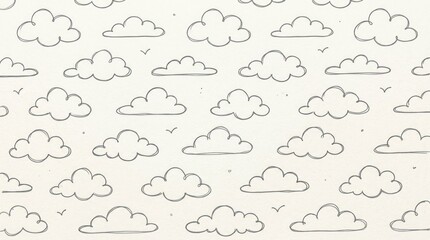 Fototapeta premium Hand-drawn clouds on a white background, with a few birds flying around.
