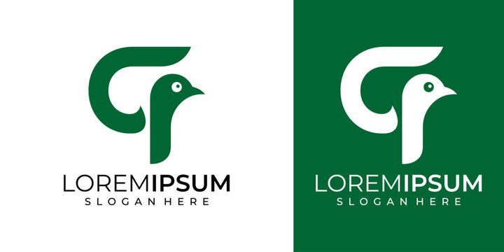 Modern logo design featuring a stylized bird with a letter incorporated into its form on white and green backgrounds for branding purposes