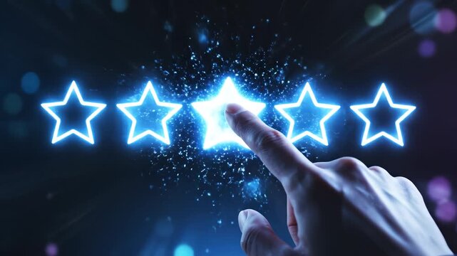 Hand touching glowing star rating ideal for creative backgrounds and modern web design