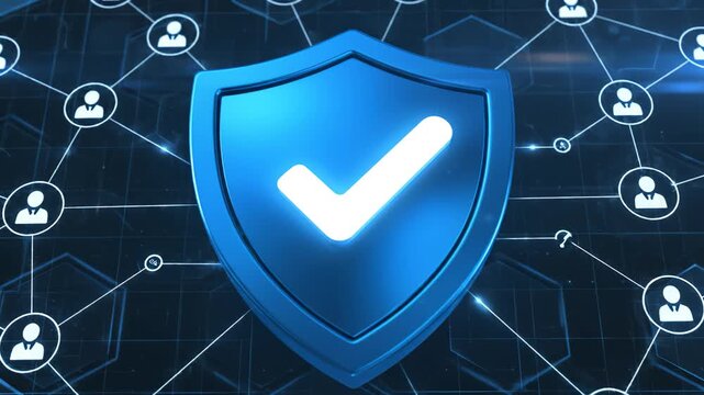 Blue shield with checkmark on network background ideal for modern app promotions and digital marketing