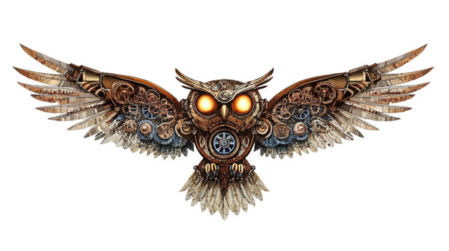 Steampunk owl with glowing eyes, mechanical wings and intricate armor