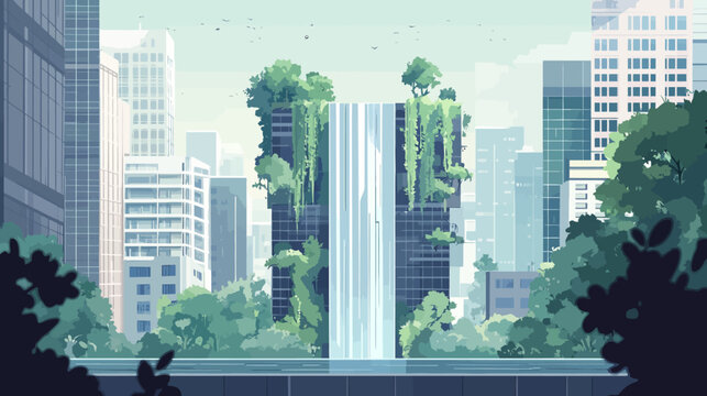 Modern cityscape with tall buildings, lush trees, and waterfall