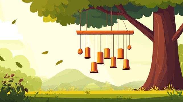 Illustration of a large tree with wooden hanging chimes in a peaceful outdoor setting
