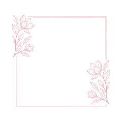 Elegancka kwadratowa ramka z kwiatami magnolii – różowy kontur, styl line art © Monika