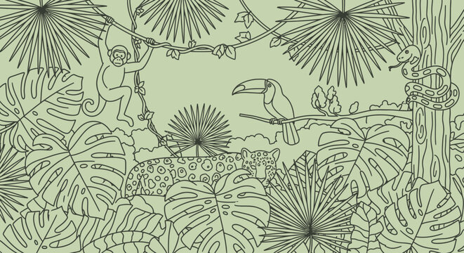 Detailed Line Art Jungle Rainforest Illustration with Tropical Animals, Lush Foliage, and Exotic Wildlife Pattern