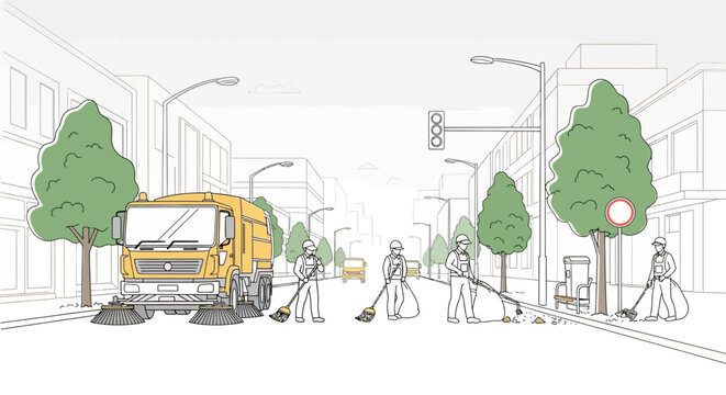 City street cleaning crew with yellow sweeper truck and sanitation workers maintaining urban environment. Municipal waste management.