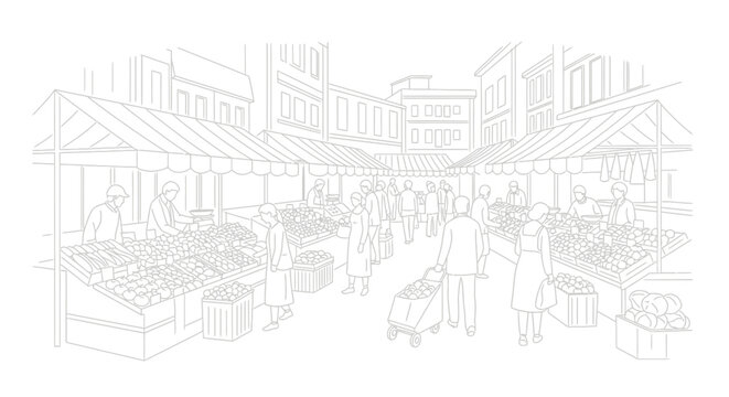 Detailed line art illustration of an outdoor street market with people, various vendor stalls, and fresh produce