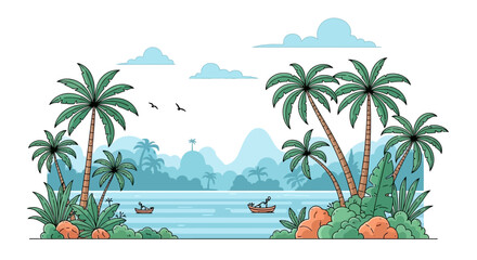 Obraz premium Tropical paradise island landscape illustration with palm trees, lush vegetation, calm water, and people in boats.